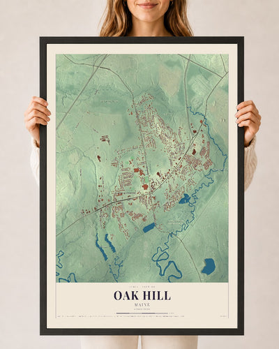 Oak Hill, Maine map print - 24 x 36 black Ayous wood frame