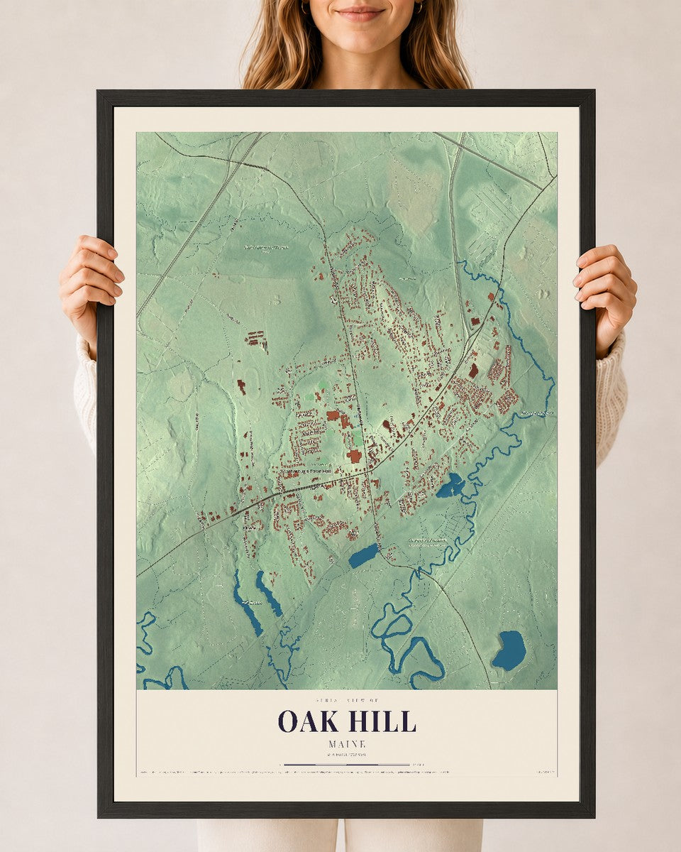 Oak Hill, Maine map print - 24 x 36 black Ayous wood frame
