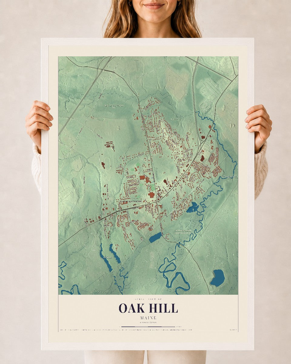 Oak Hill, Maine map print - 24 x 36 white Ayous wood frame