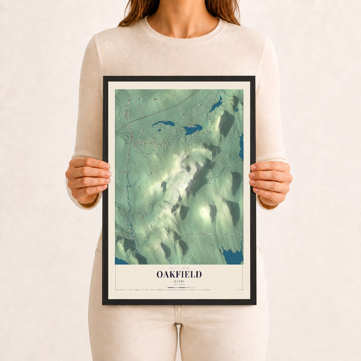 Oakfield, Maine map print - 12 x 18 black Ayous wood frame