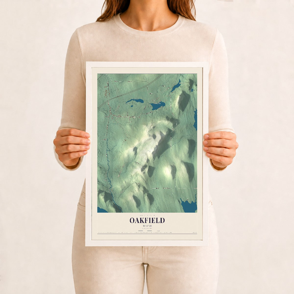 Oakfield, Maine map print - 12 x 18 white Ayous wood frame
