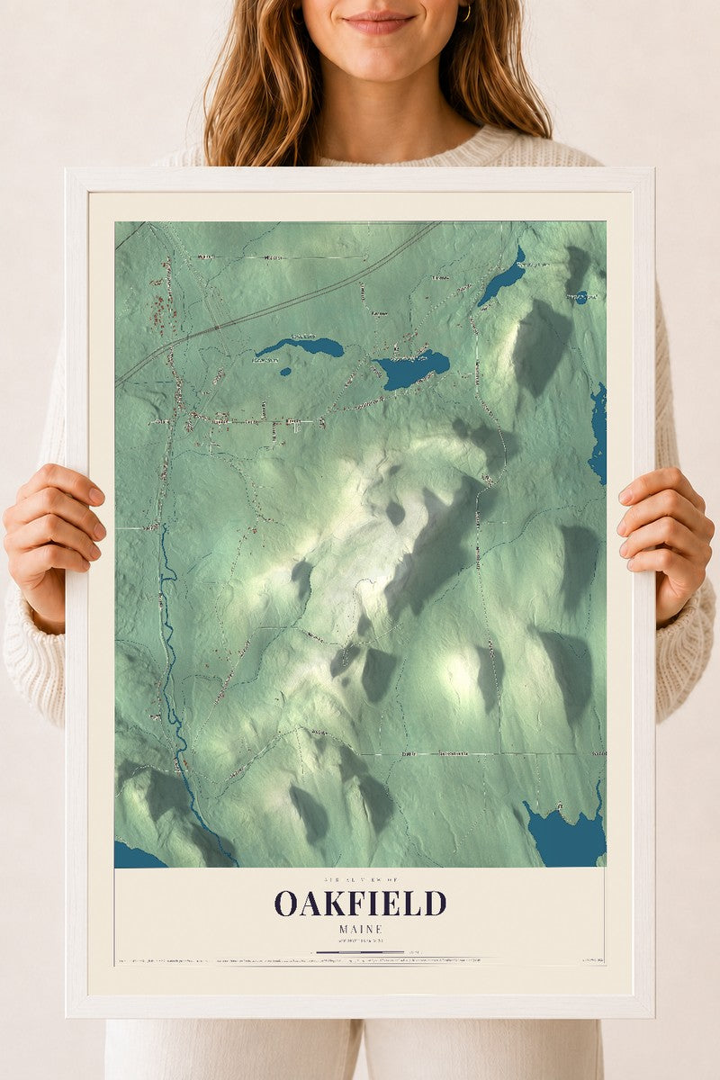 Oakfield, Maine map print - 18 x 24 white Ayous wood frame