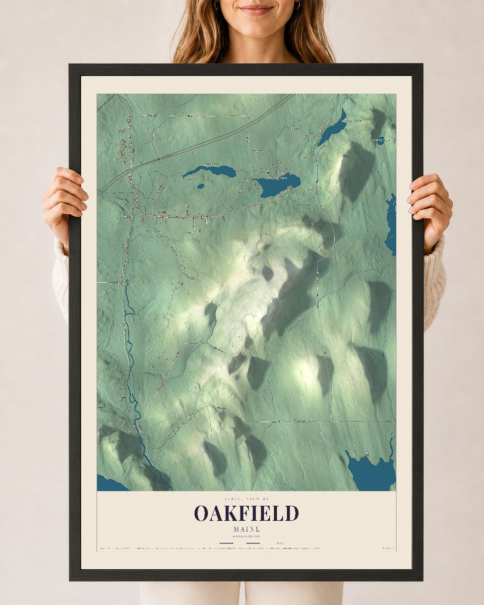 Oakfield, Maine map print - 24 x 36 black Ayous wood frame
