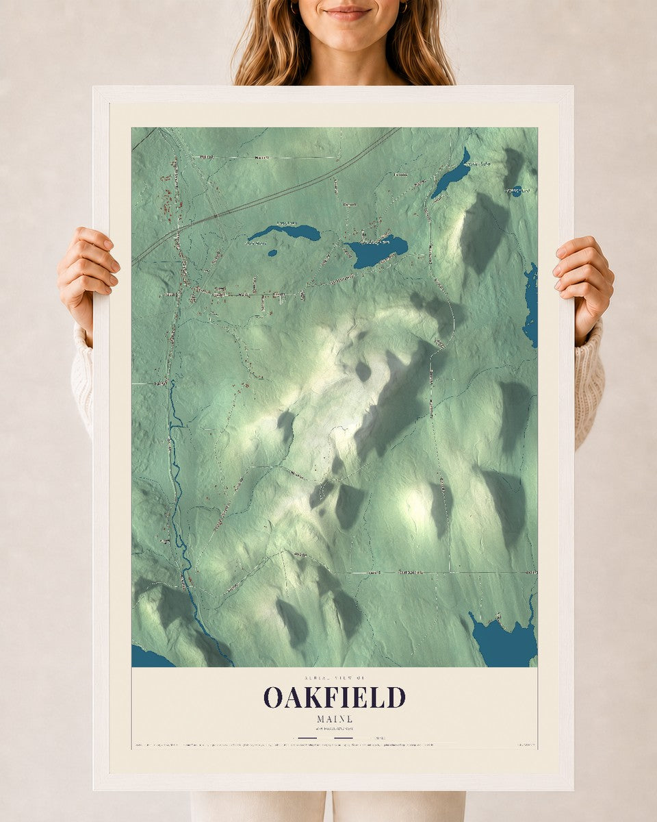 Oakfield, Maine map print - 24 x 36 white Ayous wood frame