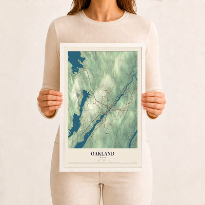Oakland, Maine map print - 12 x 18 white Ayous wood frame