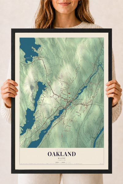 Oakland, Maine map print - 18 x 24 black Ayous wood frame