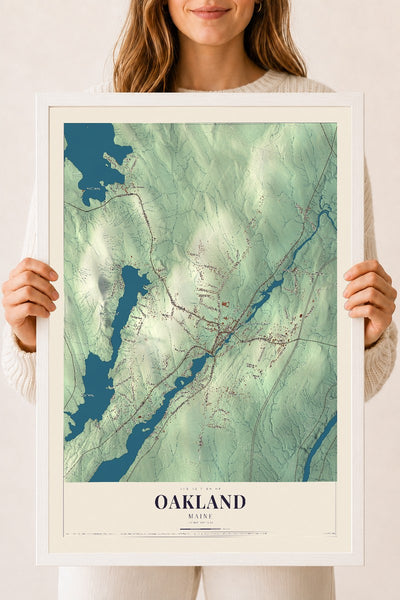 Oakland, Maine map print - 18 x 24 white Ayous wood frame