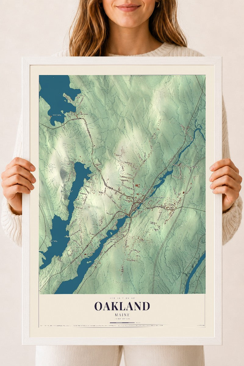 Oakland, Maine map print - 18 x 24 white Ayous wood frame