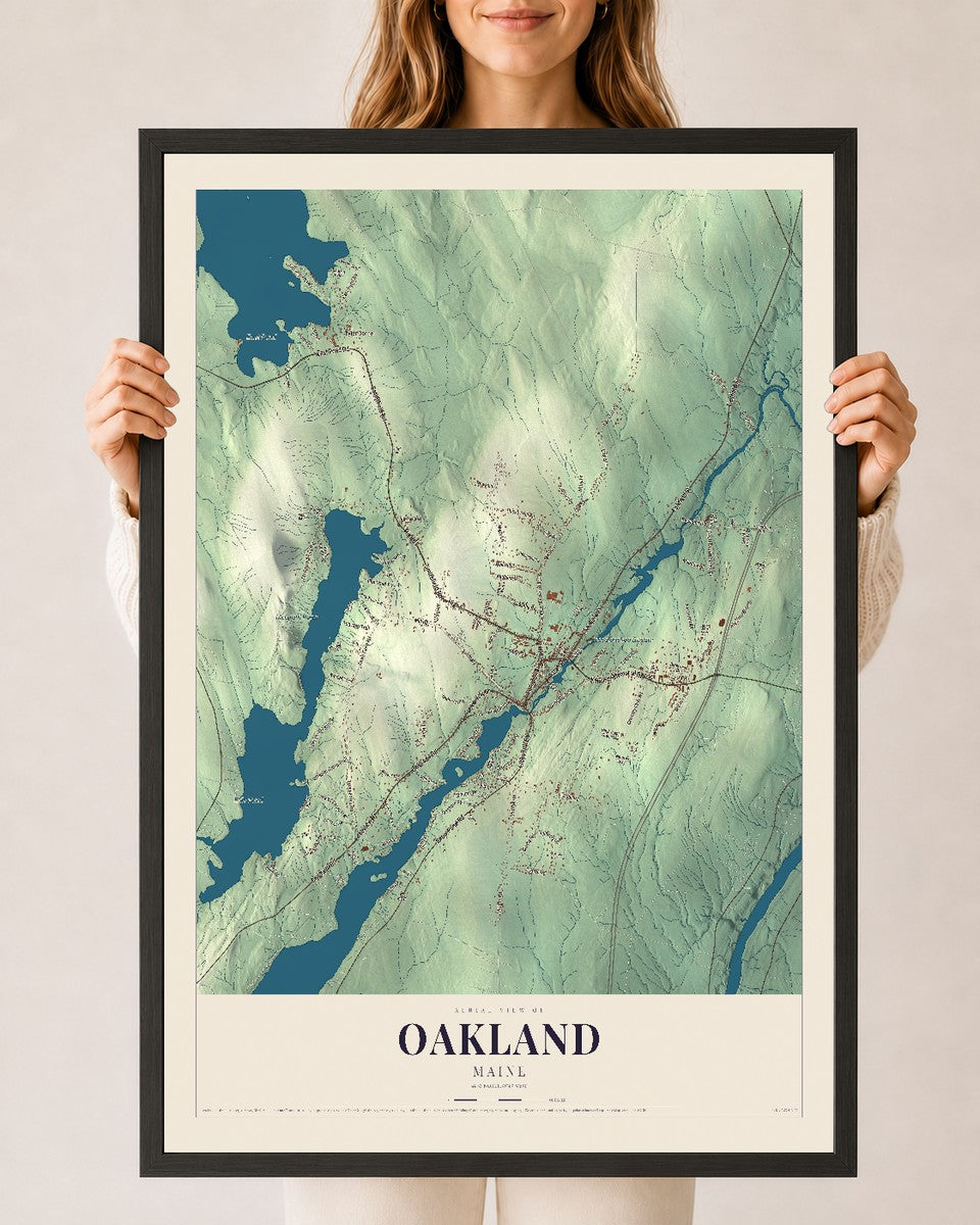 Oakland, Maine map print - 24 x 36 black Ayous wood frame