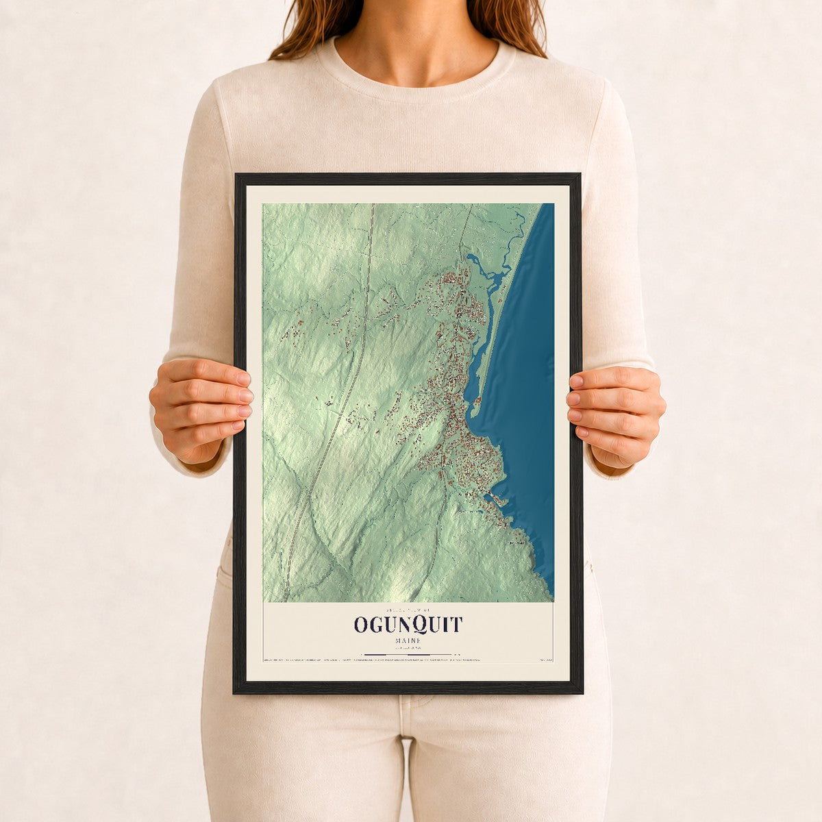 Ogunquit, Maine map print - 12 x 18 black Ayous wood frame