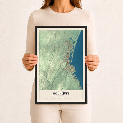 Ogunquit, Maine map print - 12 x 18 black Ayous wood frame