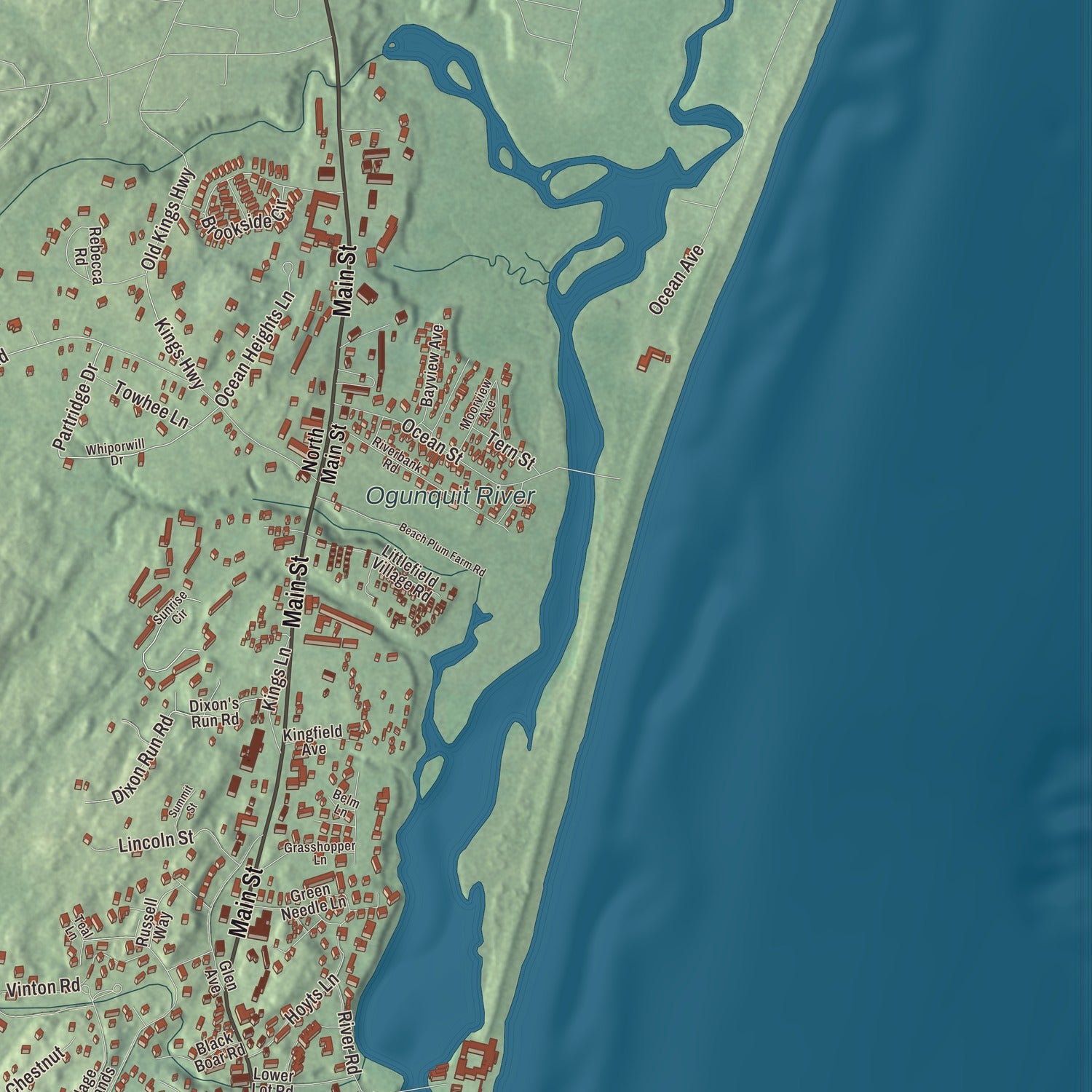 Terrain and local geography detail from the Ogunquit, Maine map