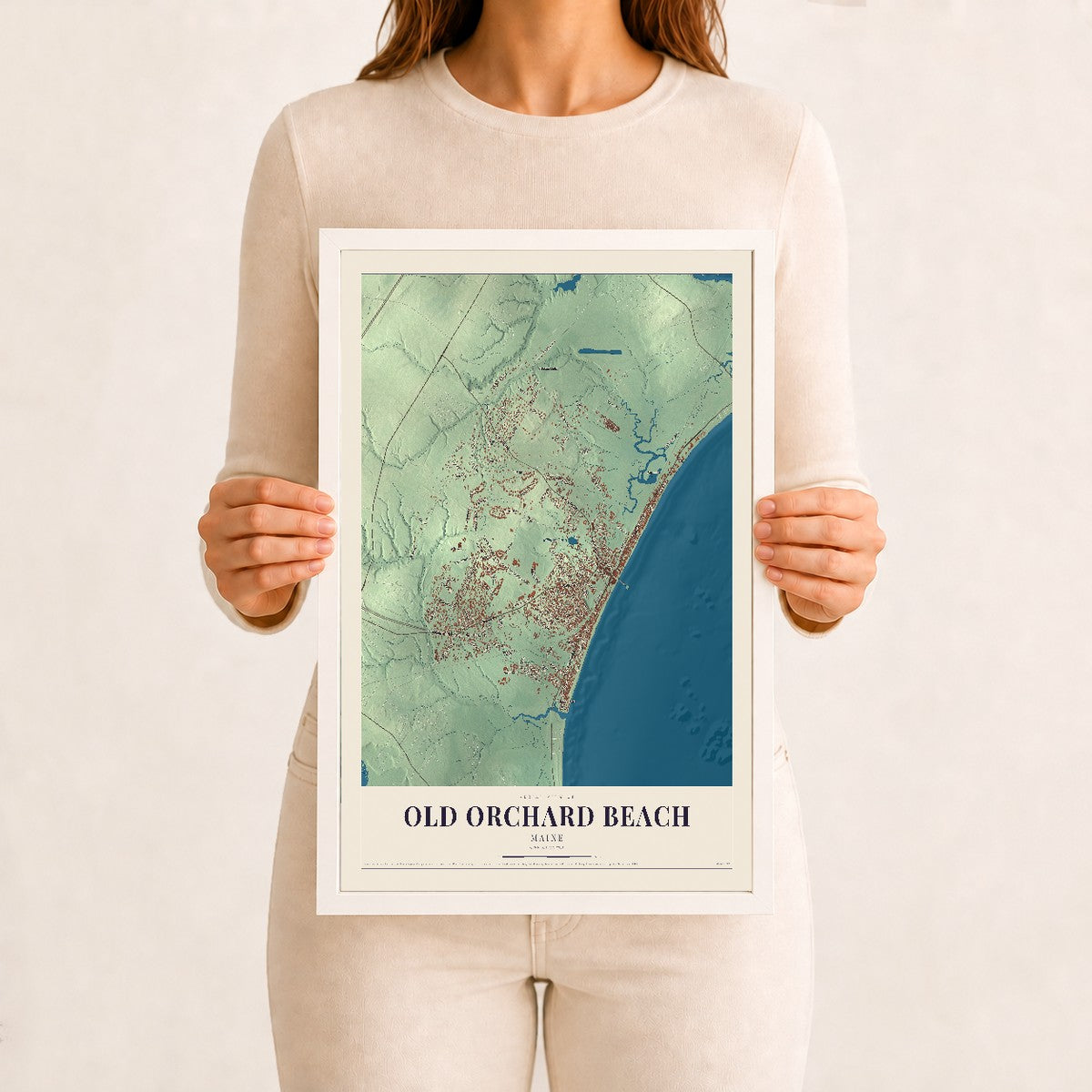 Old Orchard Beach, Maine map print - 12 x 18 white Ayous wood frame