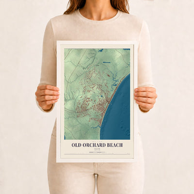 Old Orchard Beach, Maine map print - 12 x 18 white Ayous wood frame