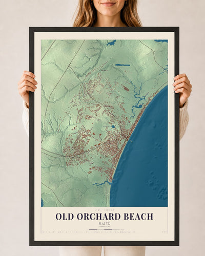 Old Orchard Beach, Maine map print - 24 x 36 black Ayous wood frame