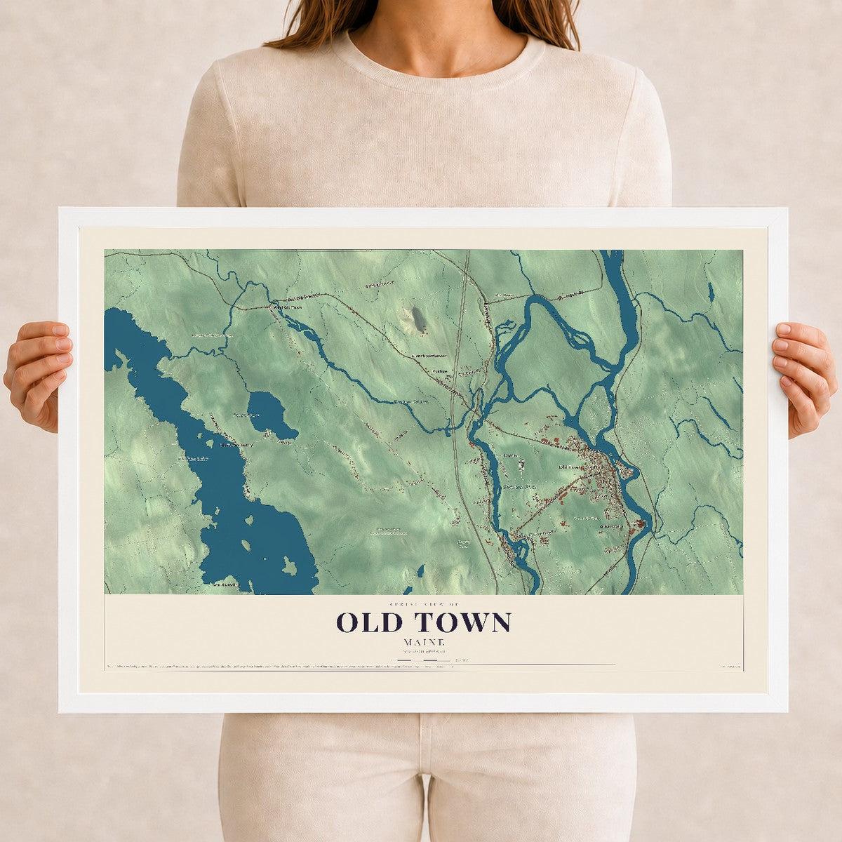 Old Town, Maine map print - 12 x 18 white Ayous wood frame