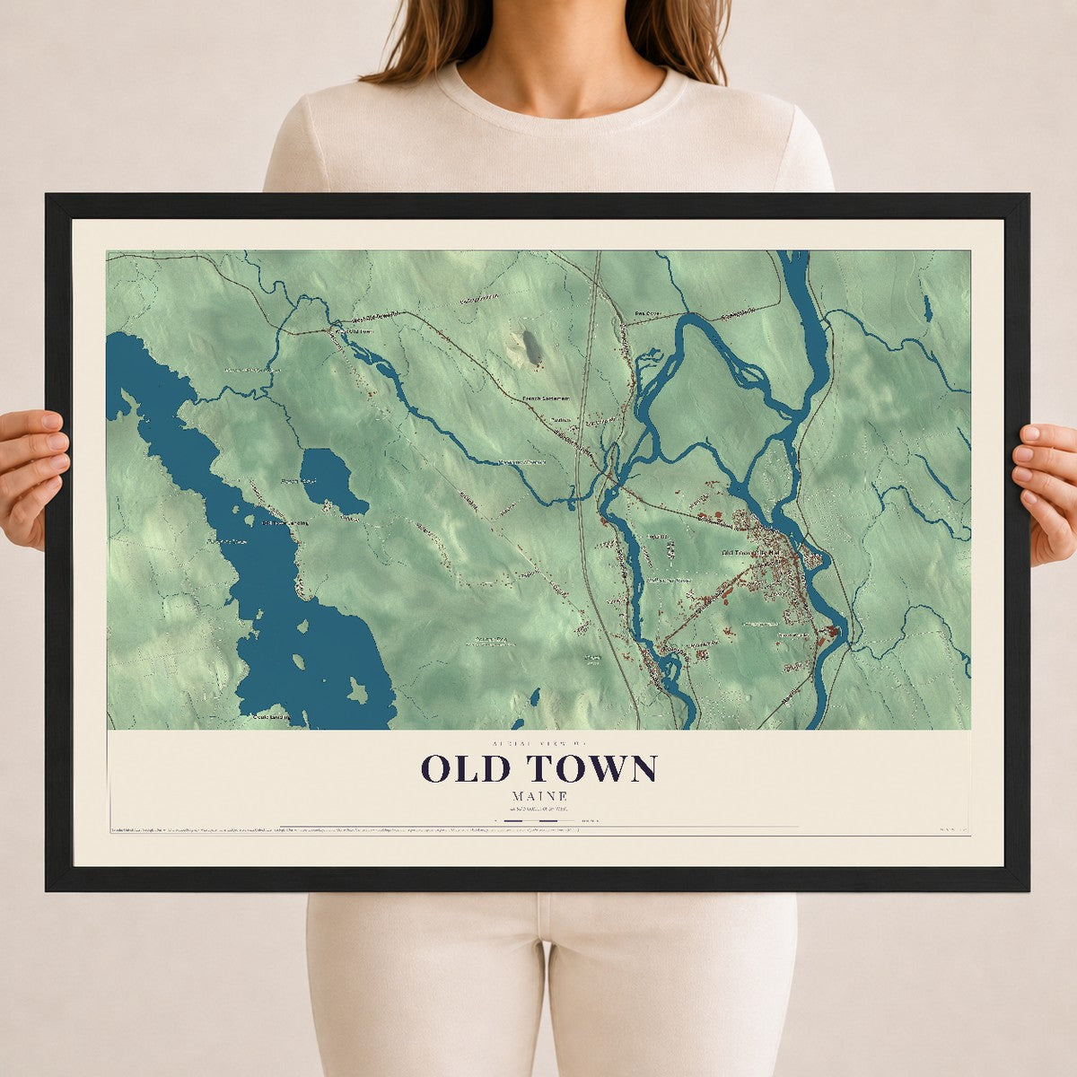 Old Town, Maine map print - 18 x 24 black Ayous wood frame