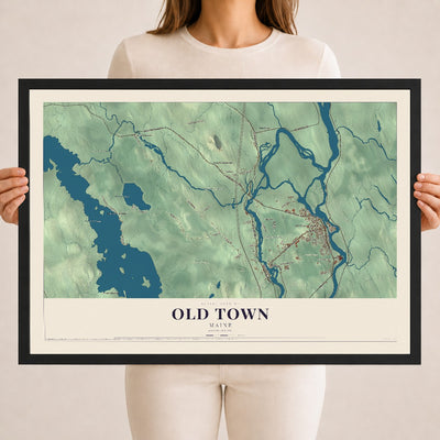 Old Town, Maine map print - 18 x 24 black Ayous wood frame