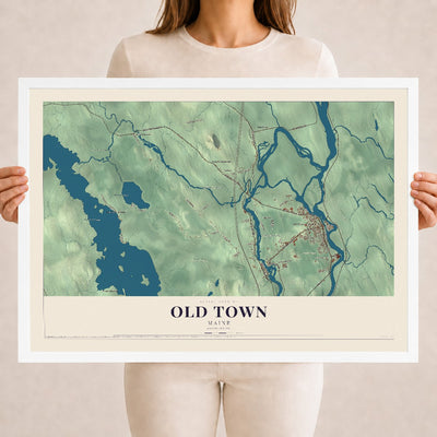 Old Town, Maine map print - 18 x 24 white Ayous wood frame