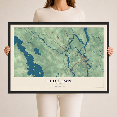 Old Town, Maine map print - 24 x 36 black Ayous wood frame