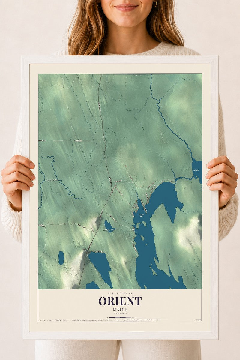 Orient, Maine map print - 18 x 24 white Ayous wood frame