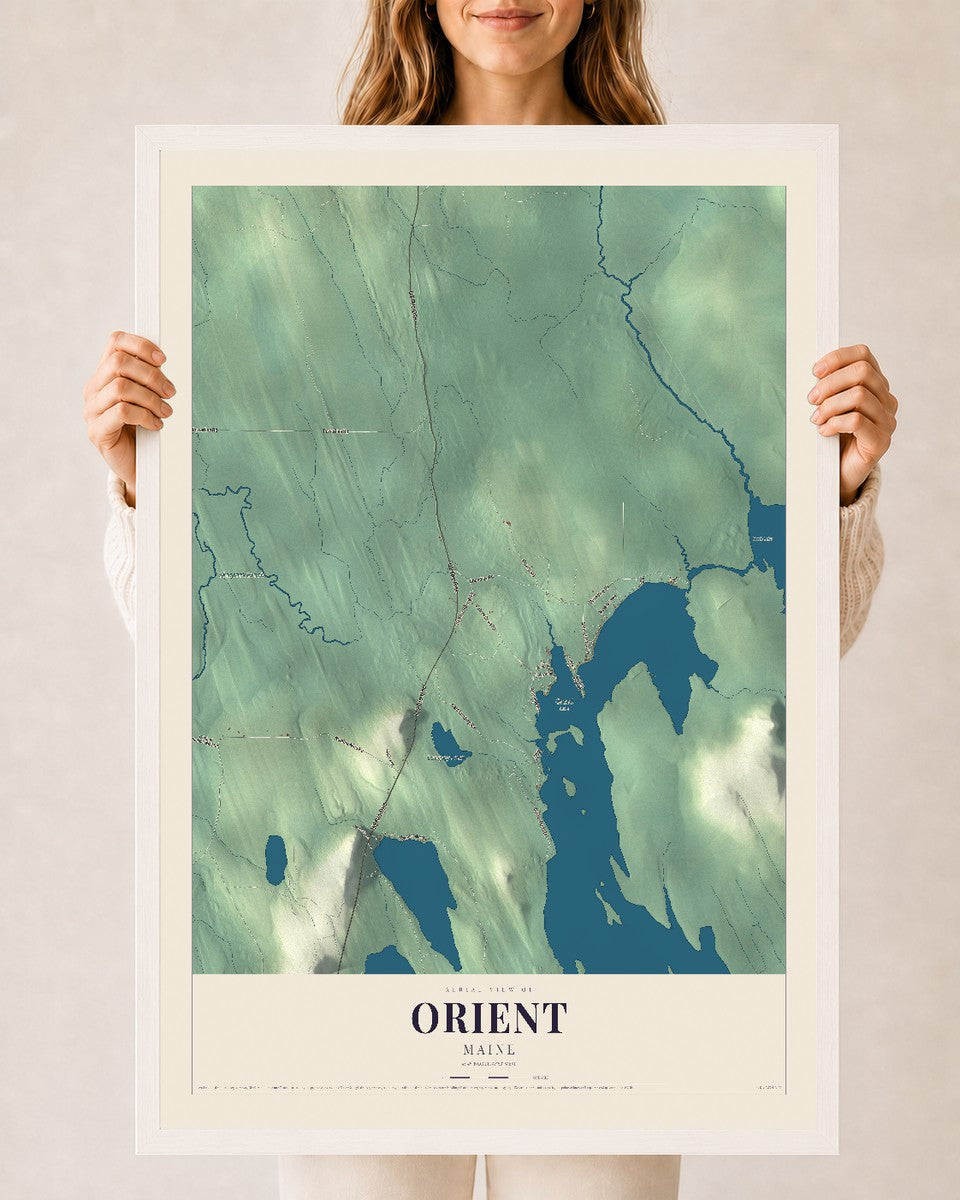 Orient, Maine map print - 24 x 36 white Ayous wood frame