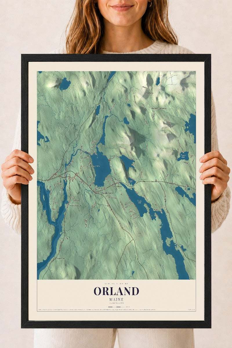 Orland, Maine map print - 18 x 24 black Ayous wood frame