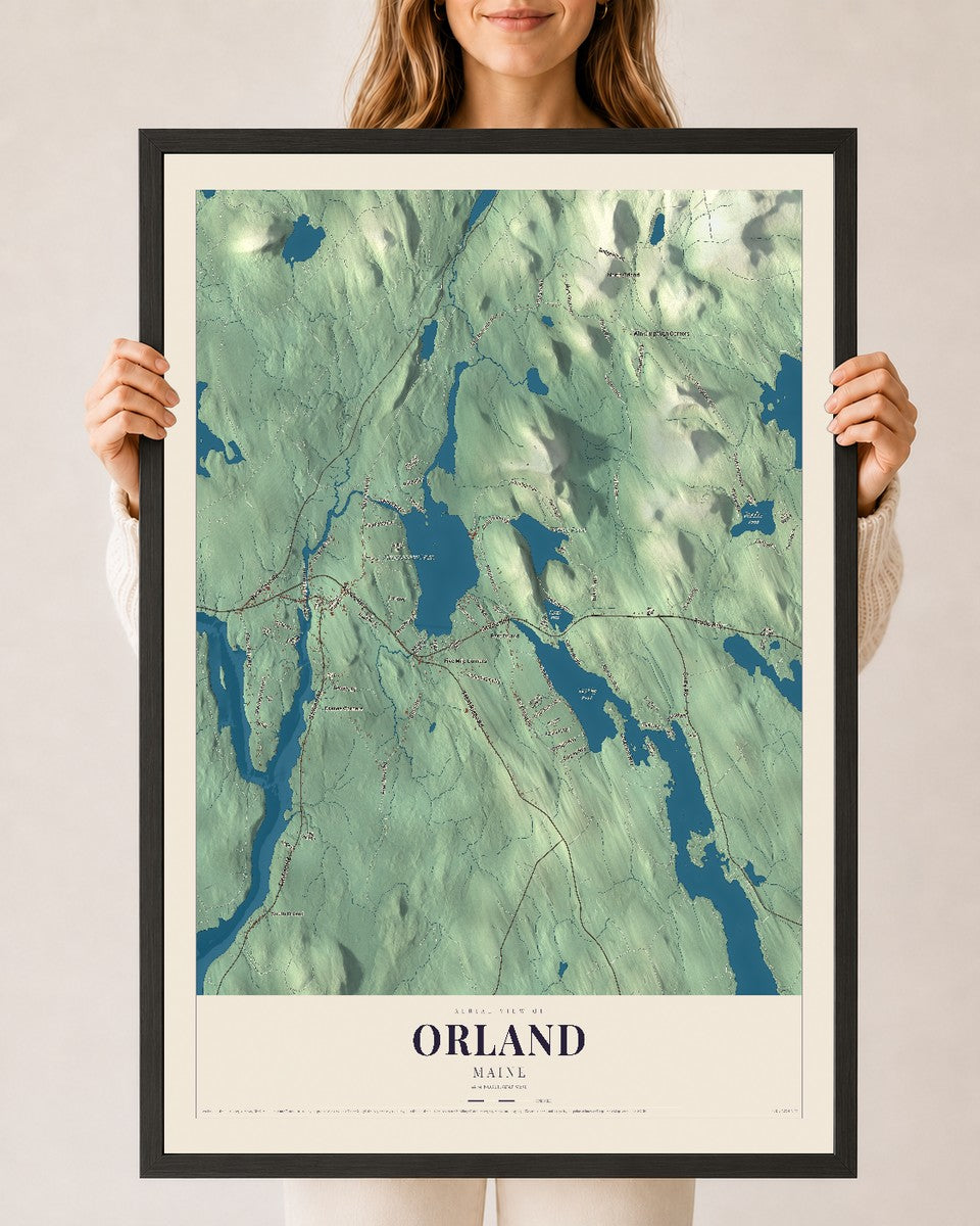 Orland, Maine map print - 24 x 36 black Ayous wood frame