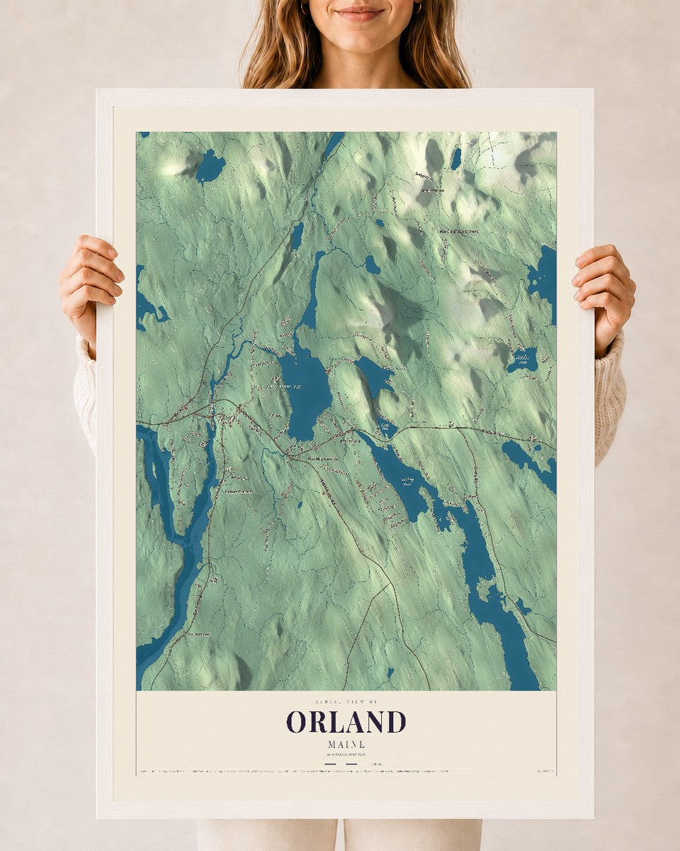 Orland, Maine map print - 24 x 36 white Ayous wood frame