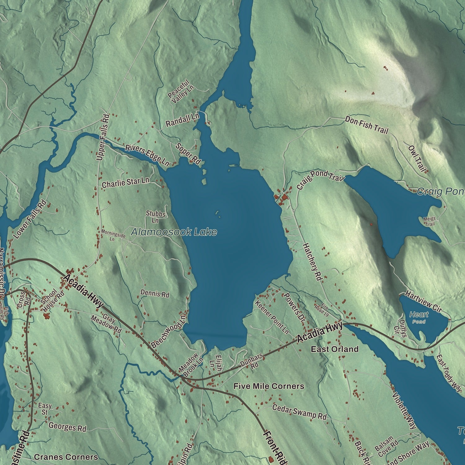 Terrain and local geography detail from the Orland, Maine map