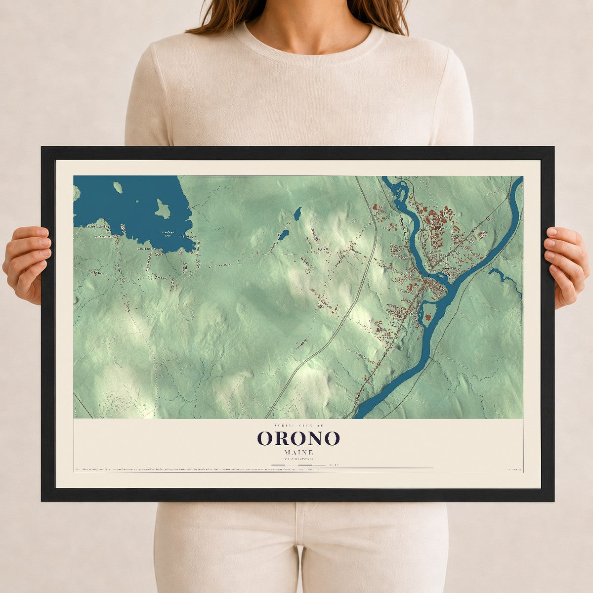 Orono, Maine map print - 12 x 18 black Ayous wood frame