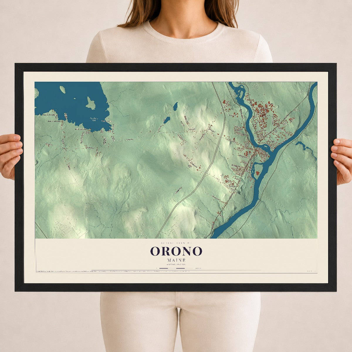 Orono, Maine map print - 18 x 24 black Ayous wood frame