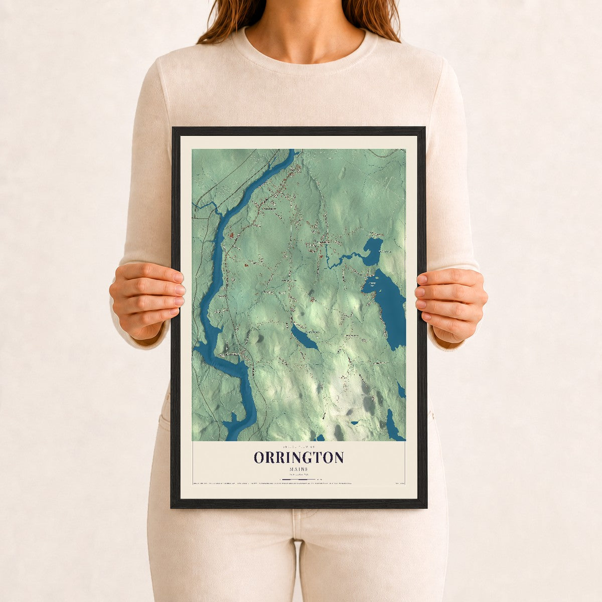 Orrington, Maine map print - 12 x 18 black Ayous wood frame