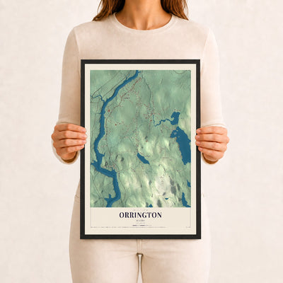 Orrington, Maine map print - 12 x 18 black Ayous wood frame