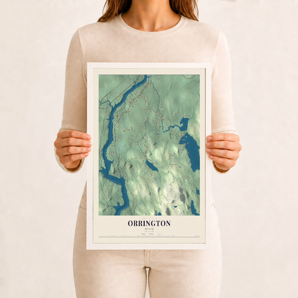 Orrington, Maine map print - 12 x 18 white Ayous wood frame