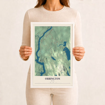 Orrington, Maine map print - 12 x 18 white Ayous wood frame