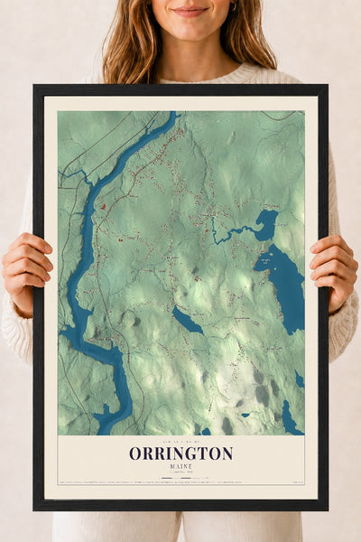 Orrington, Maine map print - 18 x 24 black Ayous wood frame