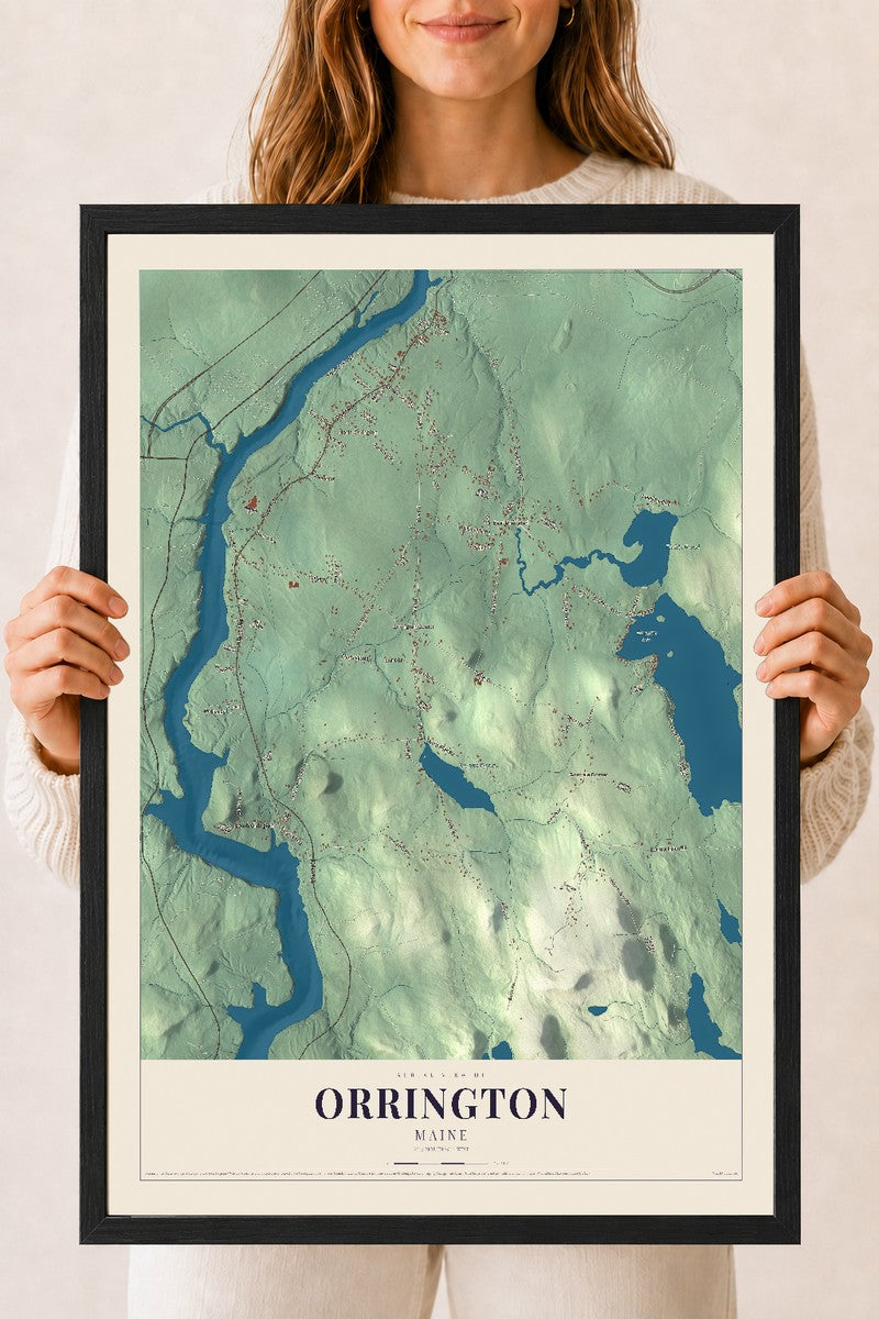 Orrington, Maine map print - 18 x 24 black Ayous wood frame