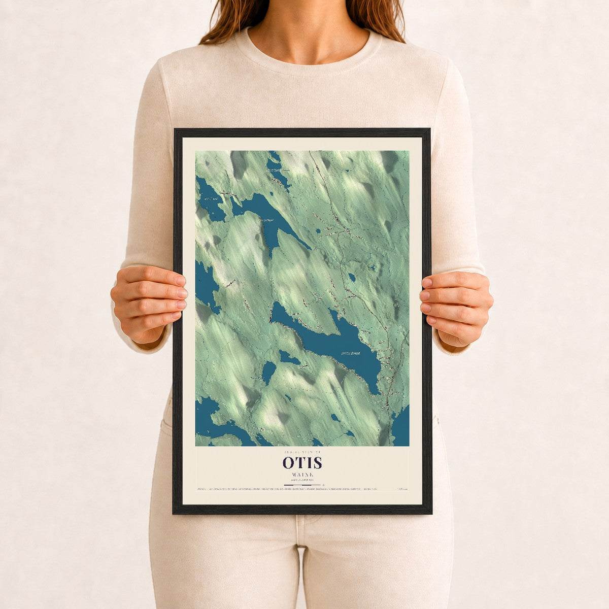 Otis, Maine map print - 12 x 18 black Ayous wood frame