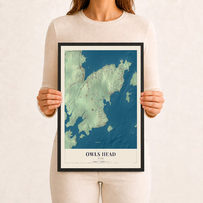 Owls Head, Maine map print - 12 x 18 black Ayous wood frame