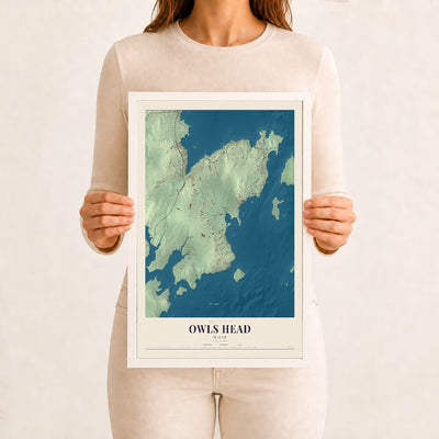 Owls Head, Maine map print - 12 x 18 white Ayous wood frame