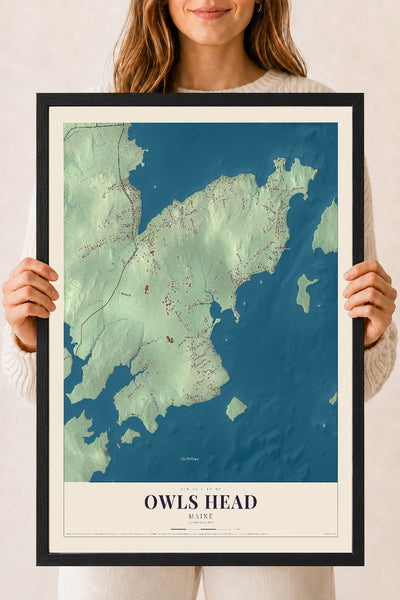 Owls Head, Maine map print - 18 x 24 black Ayous wood frame