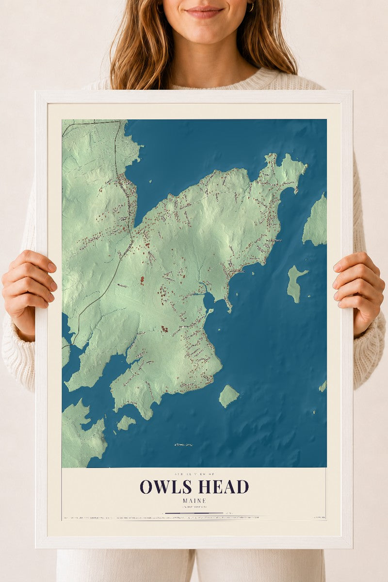 Owls Head, Maine map print - 18 x 24 white Ayous wood frame