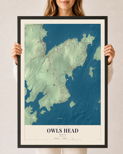 Owls Head, Maine map print - 24 x 36 black Ayous wood frame