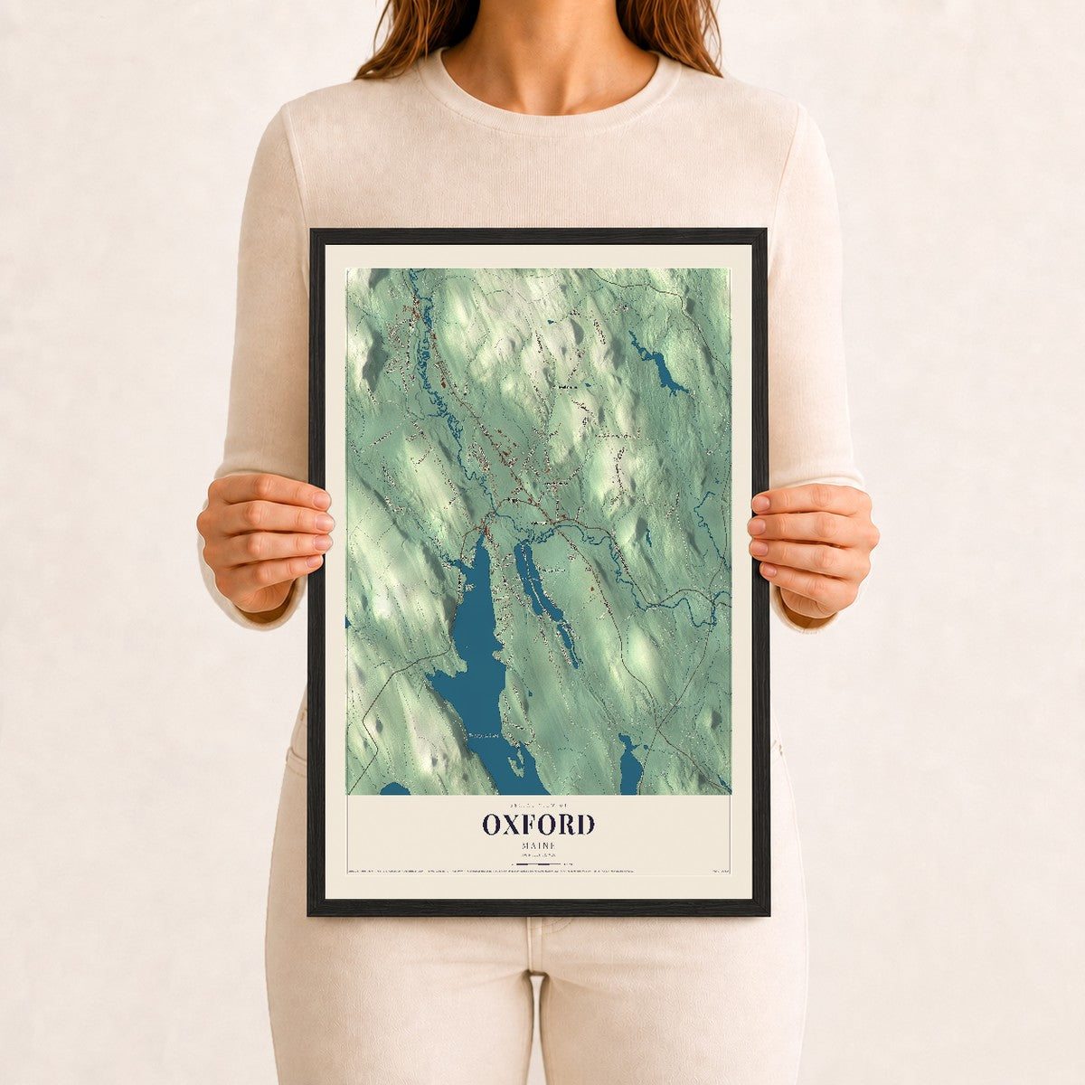 Oxford, Maine map print - 12 x 18 black Ayous wood frame