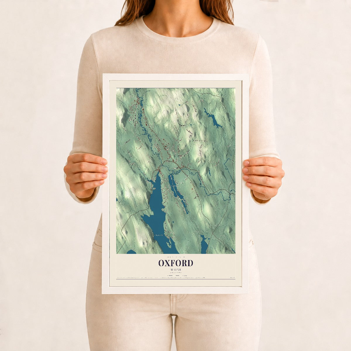 Oxford, Maine map print - 12 x 18 white Ayous wood frame