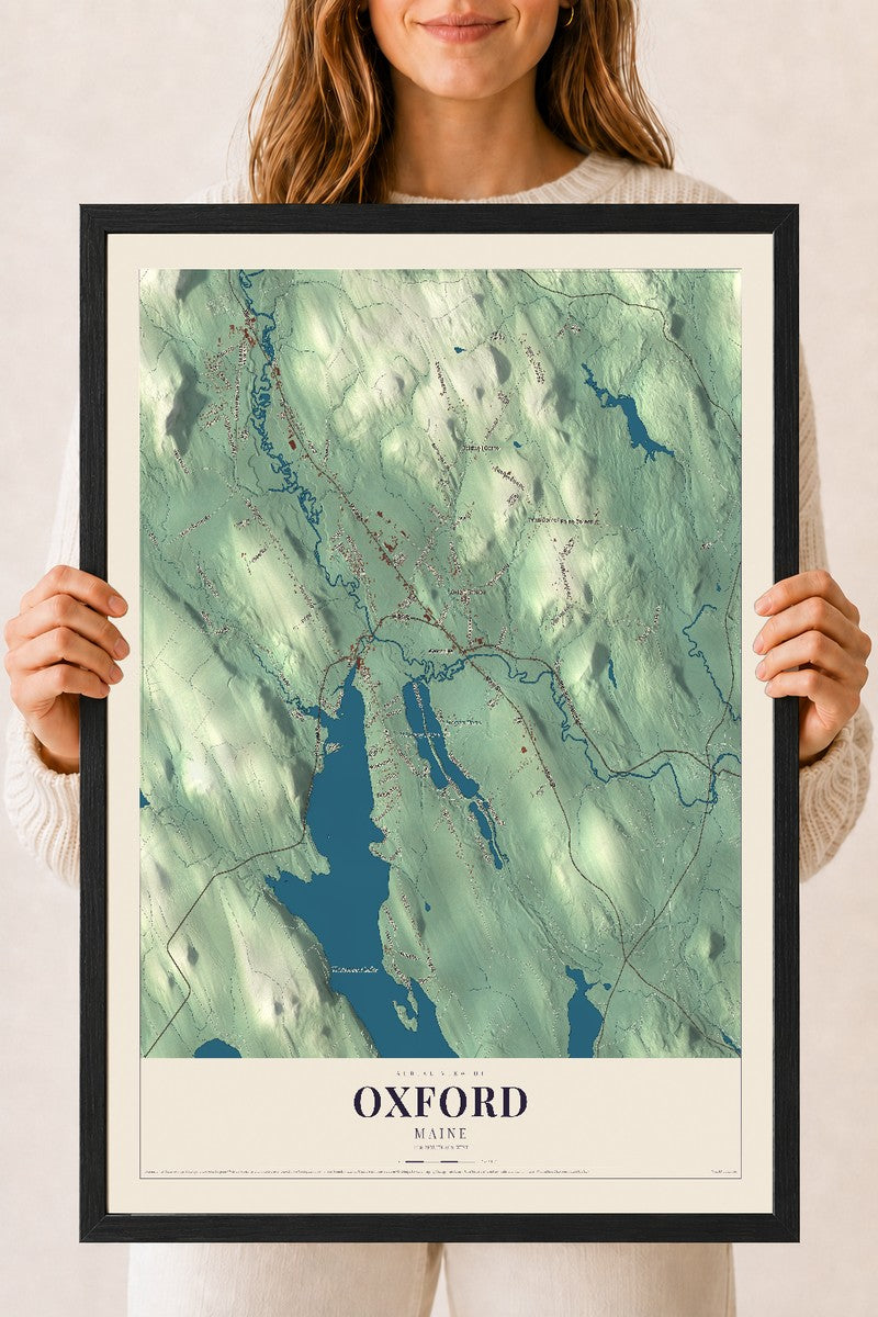 Oxford, Maine map print - 18 x 24 black Ayous wood frame