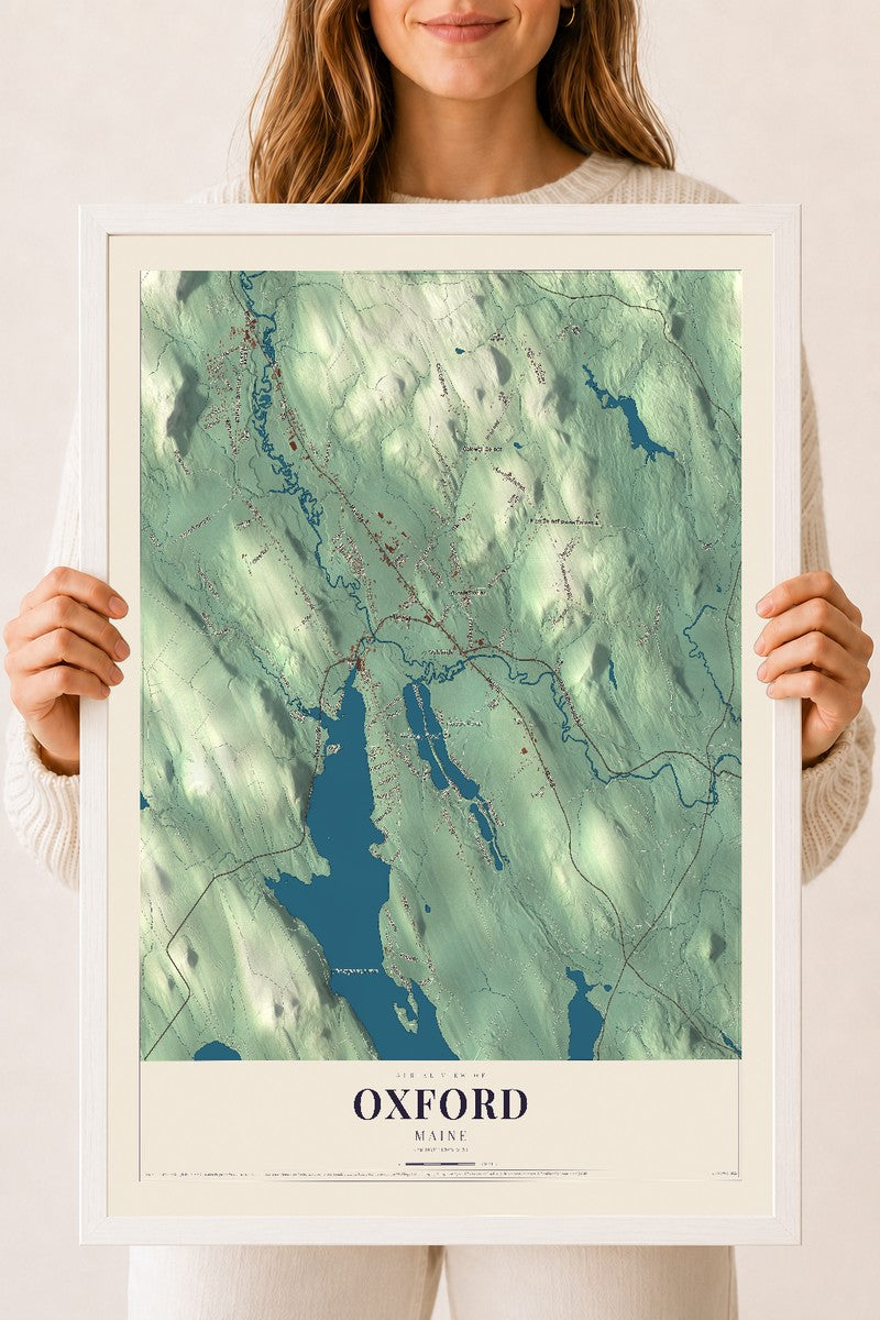 Oxford, Maine map print - 18 x 24 white Ayous wood frame