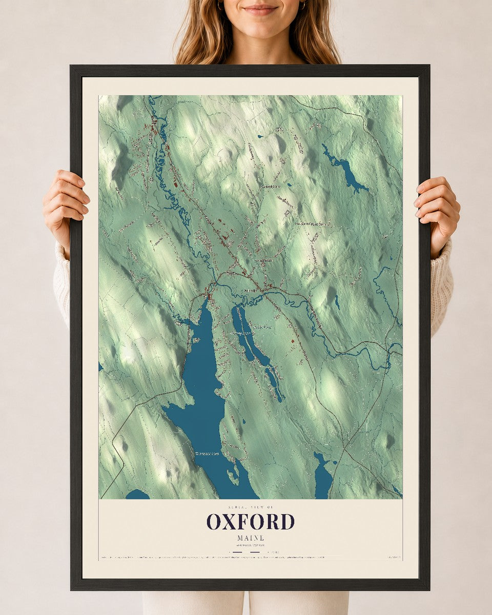 Oxford, Maine map print - 24 x 36 black Ayous wood frame