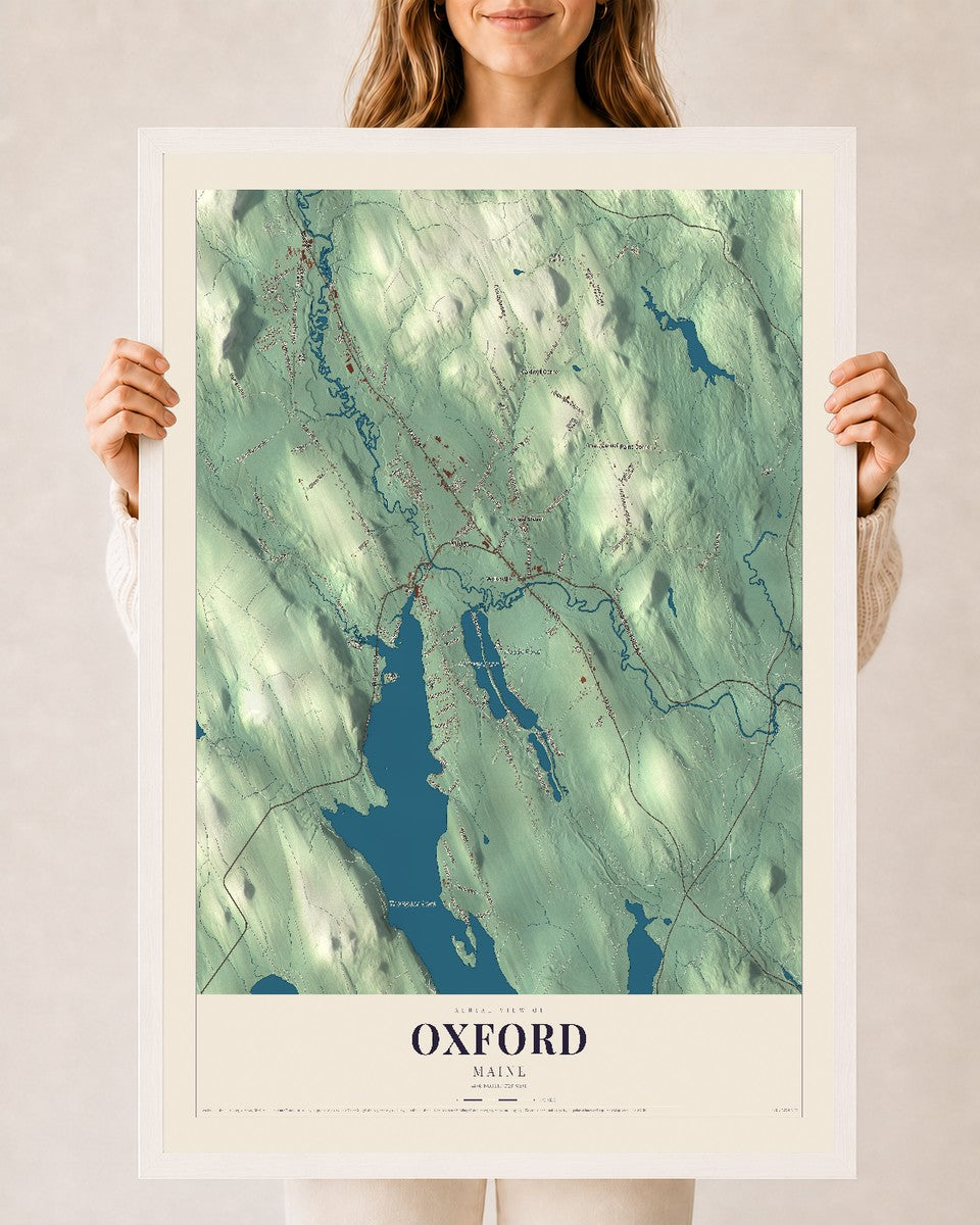Oxford, Maine map print - 24 x 36 white Ayous wood frame